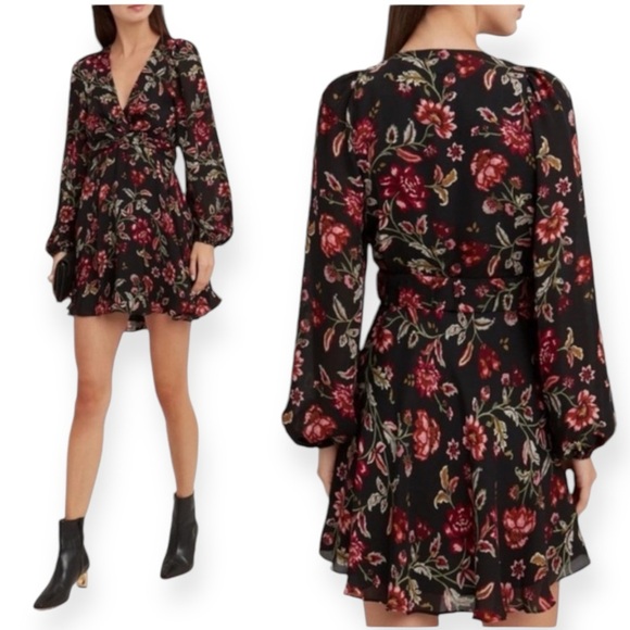 A.L.C. Annette Long Sleeve Silk Mini Dress Black Multi Color Floral Size 4 - Picture 4 of 9